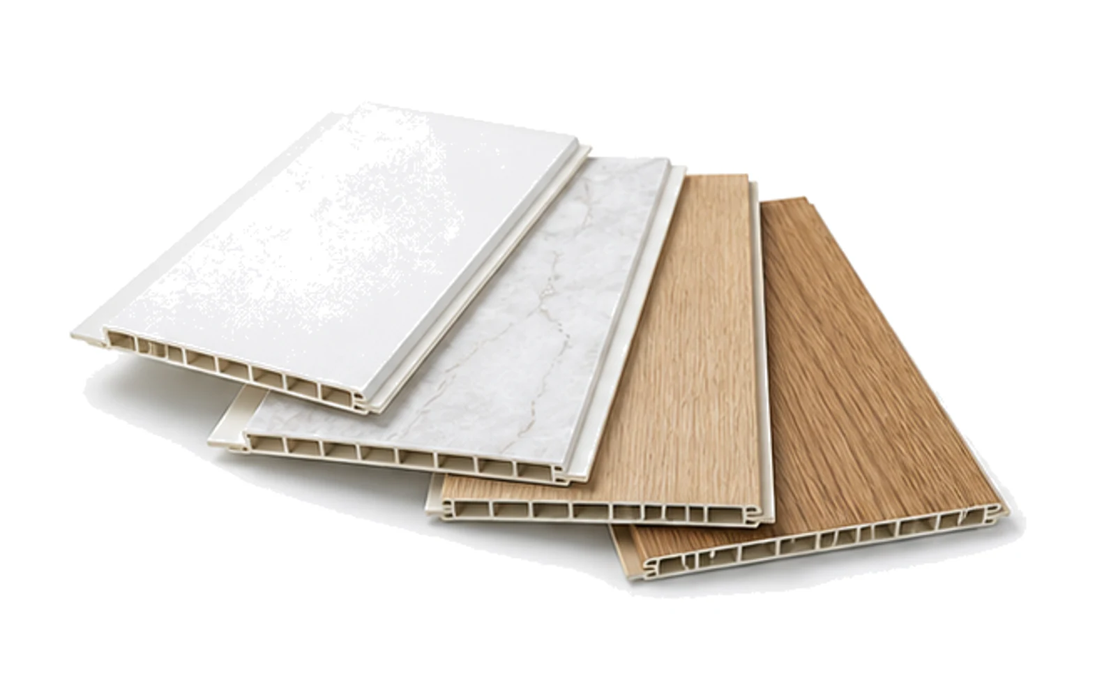 PVC wall panel finished products in white, marble and wood-grain finishes